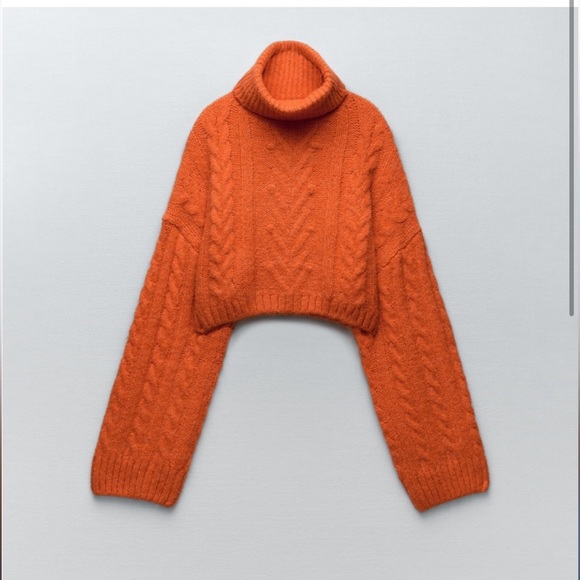 NWT Zara Orange Cropped Cable Knit Turtleneck Sweater - Picture 2 of 3